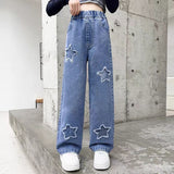 Back to School Korean Style Denim Pants for Kids Girls 3-12Y New Frayed Heart Design Flared Jeans with Pockets Durable Denim Fabric for Everyday Wear