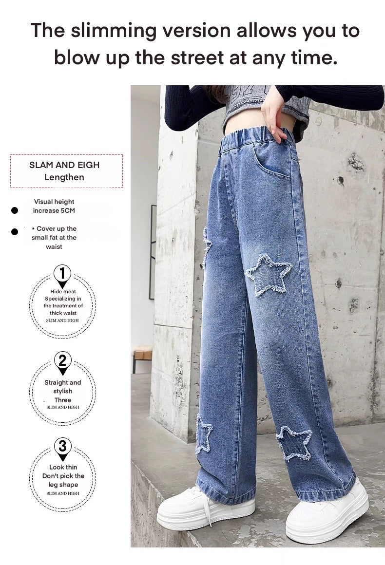 Back to School Korean Style Denim Pants for Kids Girls 3-12Y New Frayed Heart Design Flared Jeans with Pockets Durable Denim Fabric for Everyday Wear