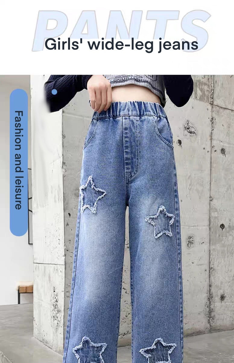 Back to School Korean Style Denim Pants for Kids Girls 3-12Y New Frayed Heart Design Flared Jeans with Pockets Durable Denim Fabric for Everyday Wear
