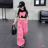Graduation Cargo Coquette Pants for Kids Girls Korean Style Wide Leg Baggy Loose Pants for Girls 5-12Y Back to School