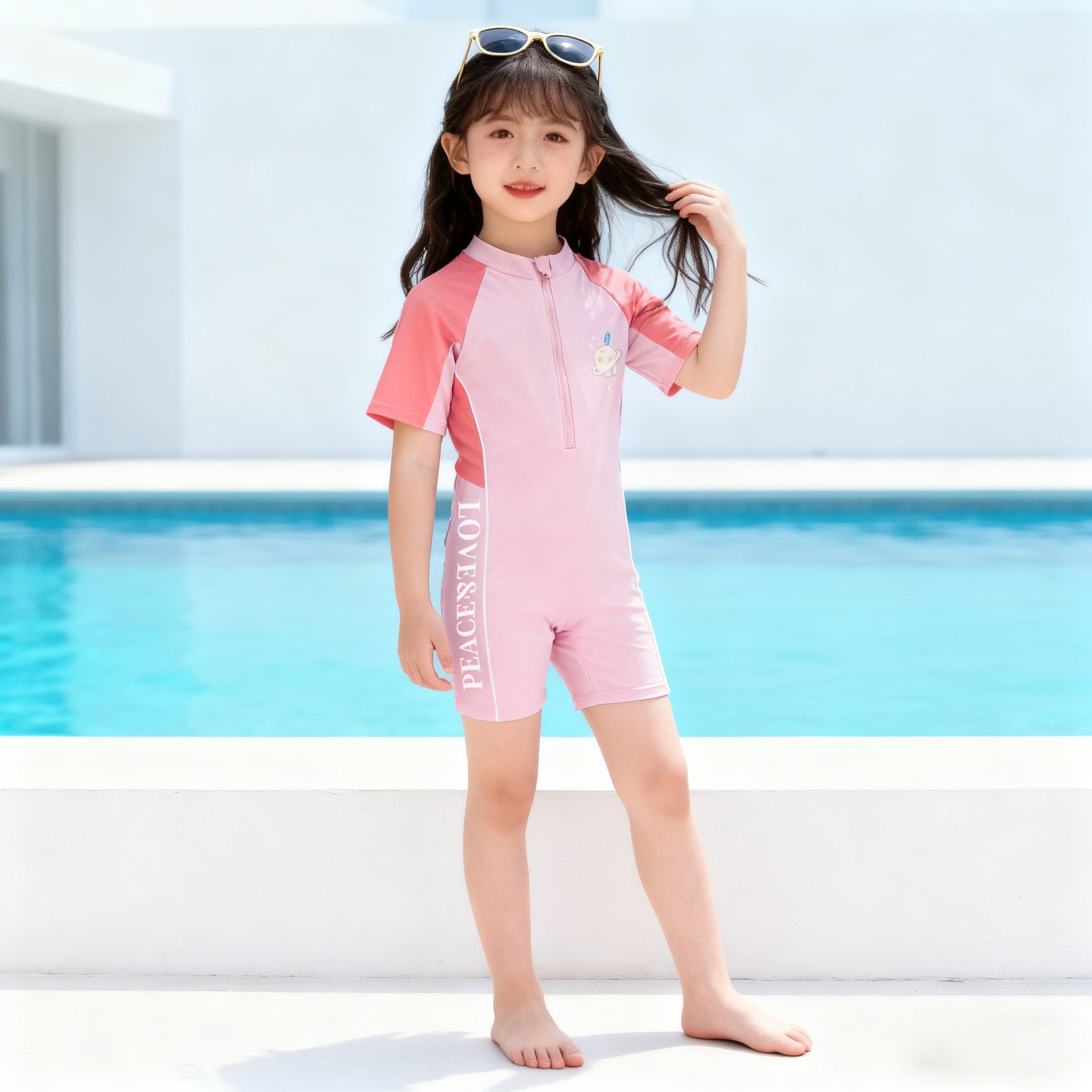 【Adorable Swimwear】Kids' Short Sleeve Swimsuit Set - Pink/Blue, Sun Protection & Cute