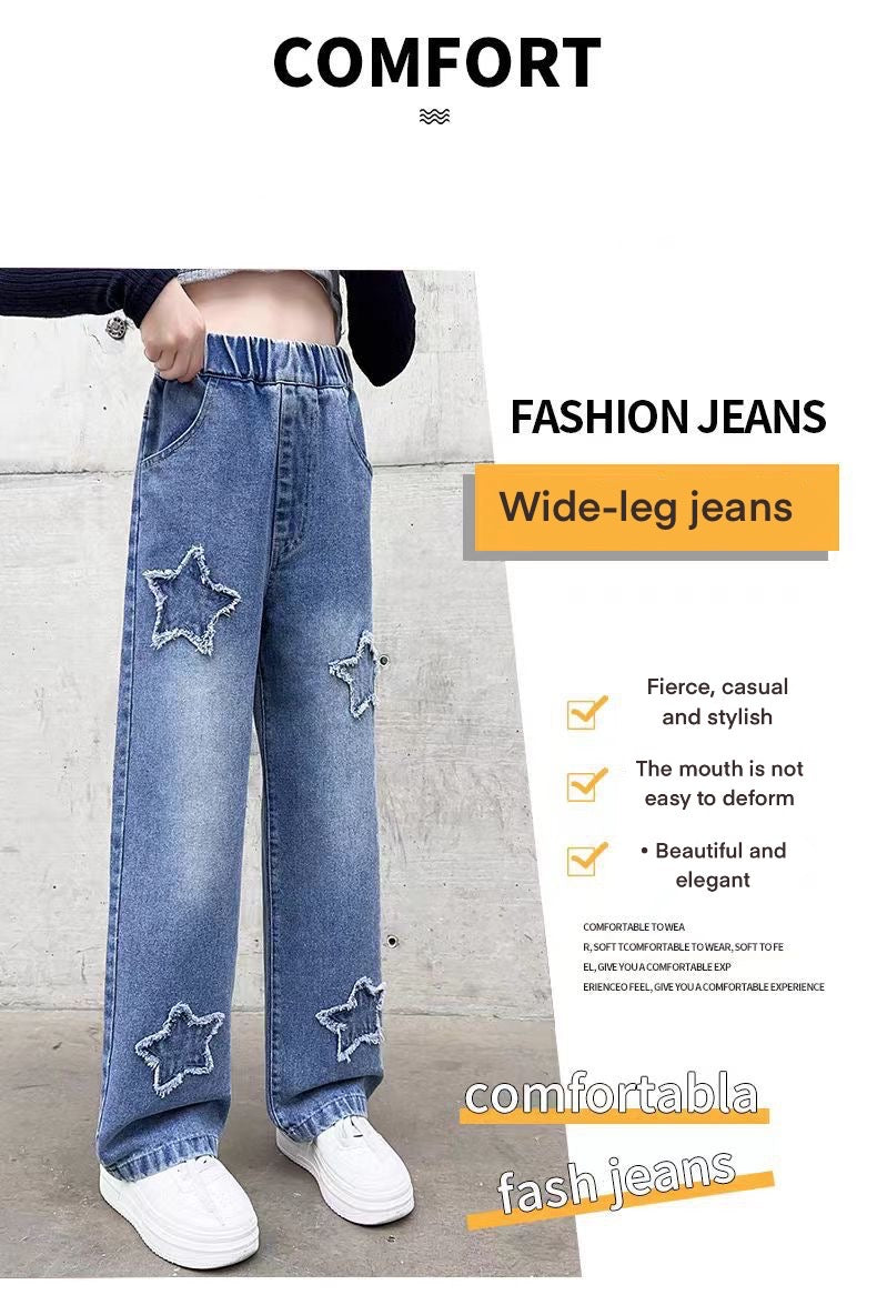 Back to School Korean Style Denim Pants for Kids Girls 3-12Y New Frayed Heart Design Flared Jeans with Pockets Durable Denim Fabric for Everyday Wear
