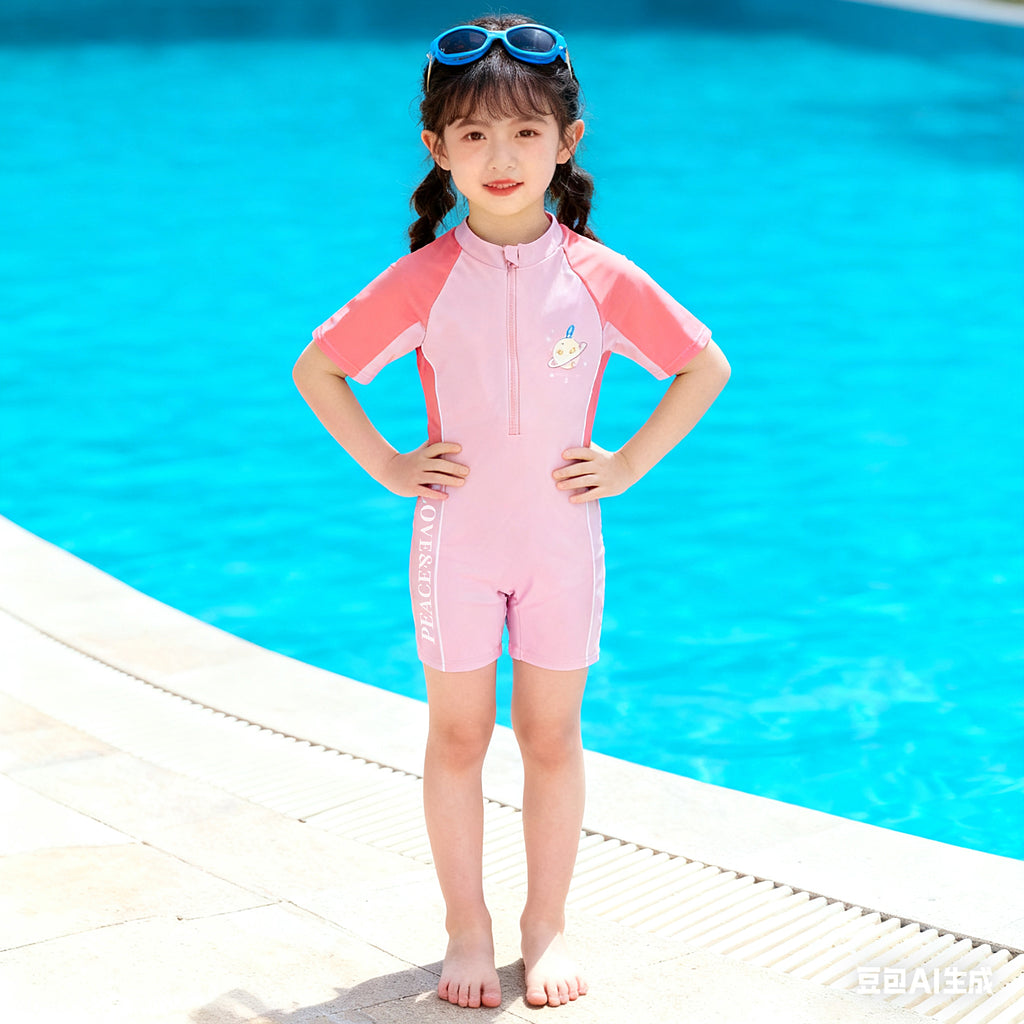 【Adorable Swimwear】Kids' Short Sleeve Swimsuit Set - Pink/Blue, Sun Protection & Cute
