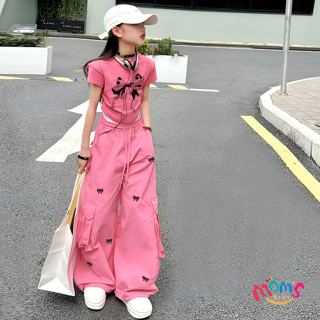Graduation Cargo Coquette Pants for Kids Girls Korean Style Wide Leg Baggy Loose Pants for Girls 5-12Y Back to School