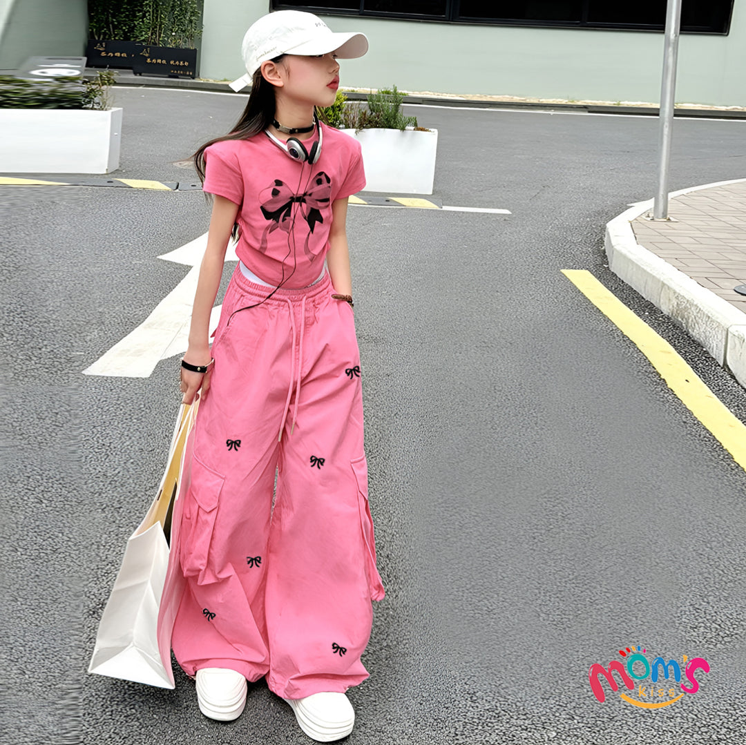 Graduation Cargo Coquette Pants for Kids Girls Korean Style Wide Leg Baggy Loose Pants for Girls 5-12Y Back to School