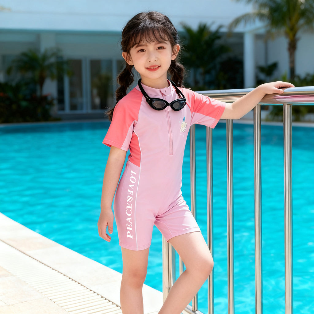 【Adorable Swimwear】Kids' Short Sleeve Swimsuit Set - Pink/Blue, Sun Protection & Cute