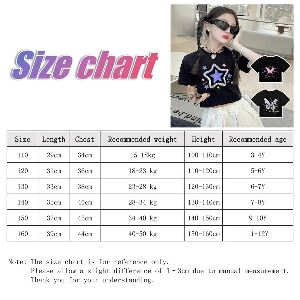 Girls' Back to School Pink Crop Top Shirt Korean Style Butterfly & Floral Print Design OOTD Tops for Girls Soft Breathable Fabric Trendy Everyday Wear short
