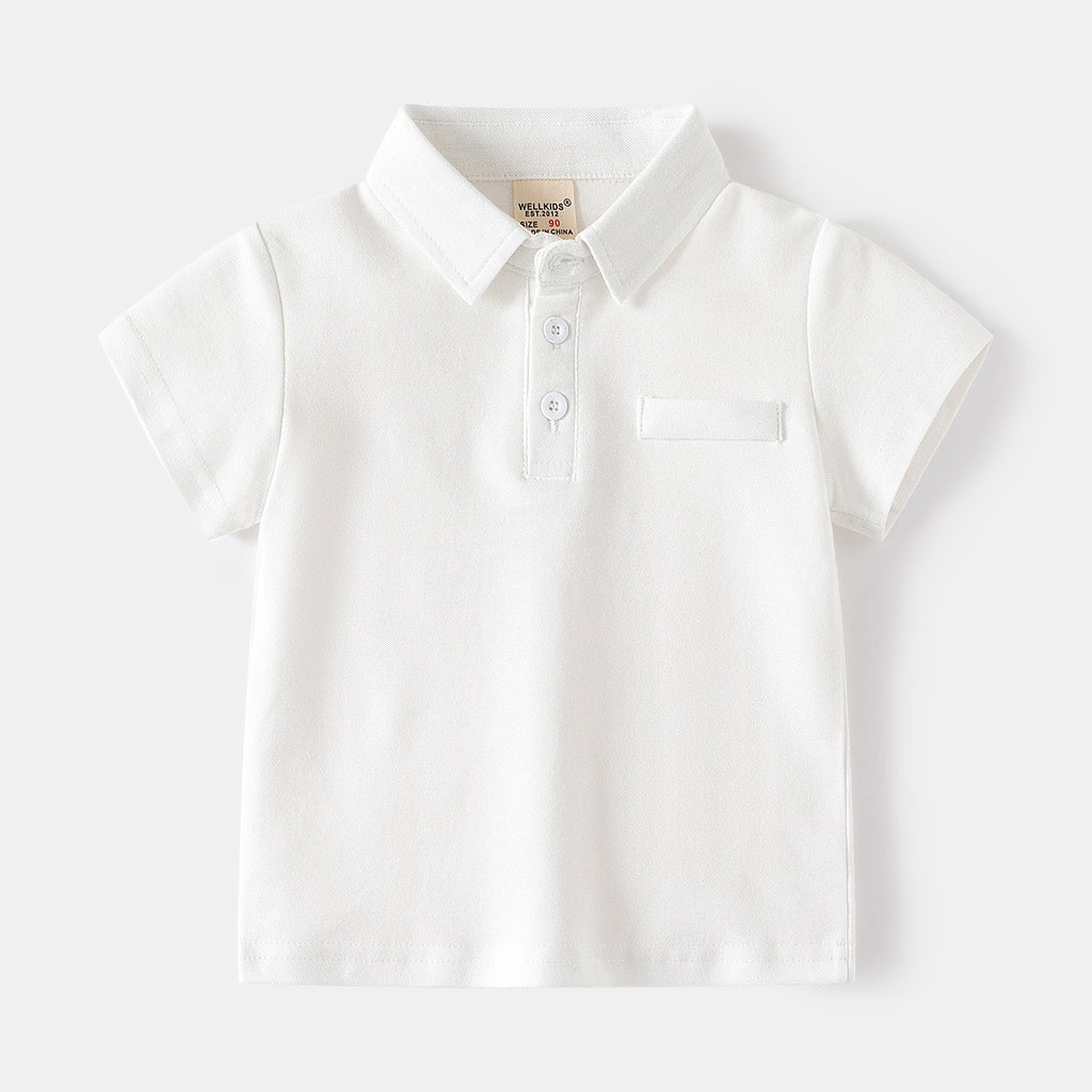 White Plain Polo Shirt for Kids Boys Korean Style Fake Side Pocket Design Casual Cotton Collar Shirt Graduation Polo