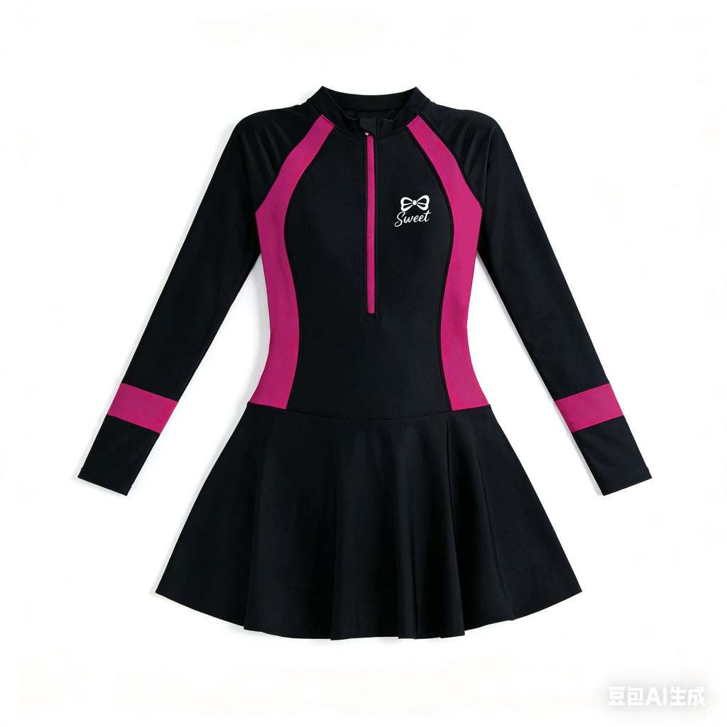 Women's Skirted One-Piece Swimsuit | Long Sleeve Sun-Safe Design, Slimming Fit & Quick-Dry for Pool & Hot Springs