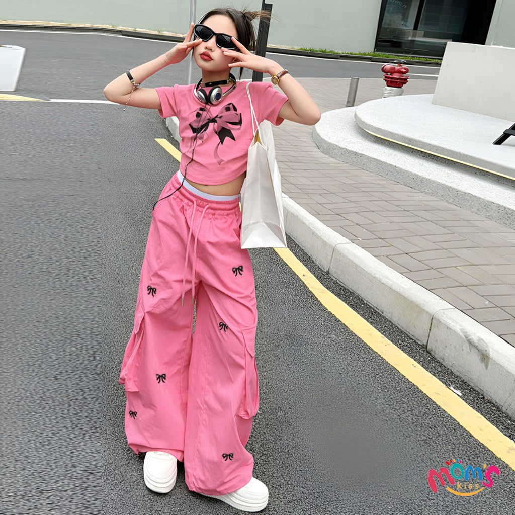 Graduation Cargo Coquette Pants for Kids Girls Korean Style Wide Leg Baggy Loose Pants for Girls 5-12Y Back to School