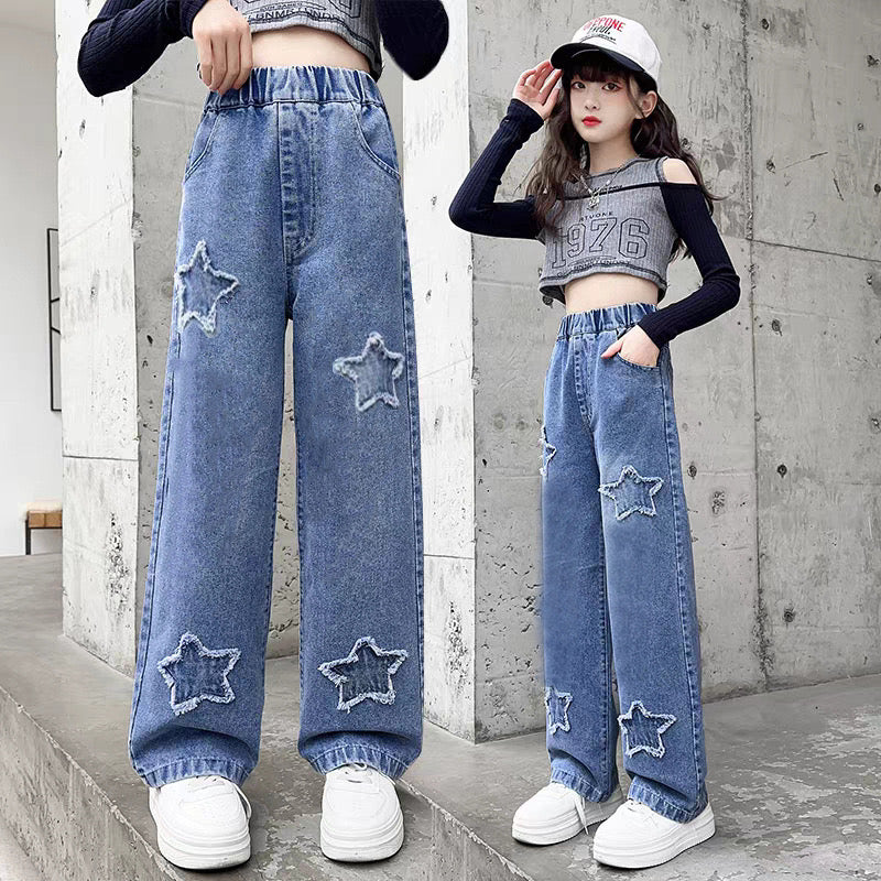Back to School Korean Style Denim Pants for Kids Girls 3-12Y New Frayed Heart Design Flared Jeans with Pockets Durable Denim Fabric for Everyday Wear