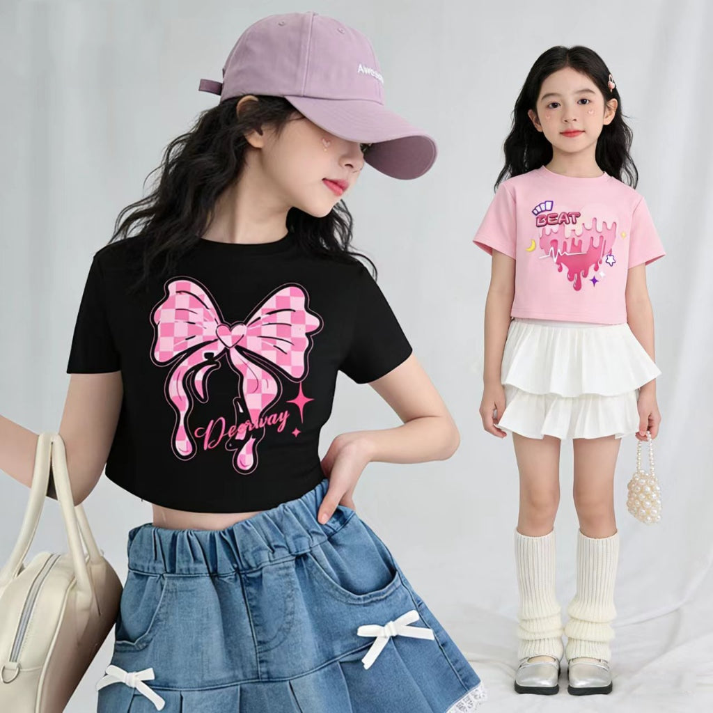 Cute Bow Heart Print Design Casual Crop Top Trendy Coquette Outfit Summer Blouse Cropped Tee for Kids Girls