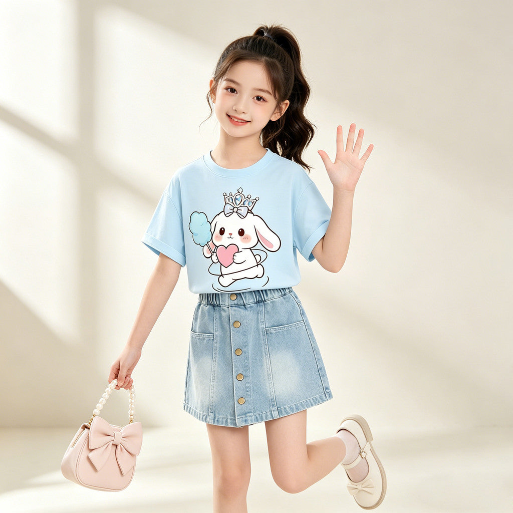 Cute Cat Bunny Printed Design T-Shirt Trendy Oversize Casual Outfit Blouse Tee for 3 to 10 Years Old Kids Girls