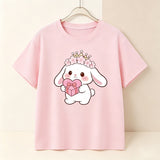 Cute Cat Bunny Printed Design T-Shirt Trendy Oversize Casual Outfit Blouse Tee for 3 to 10 Years Old Kids Girls
