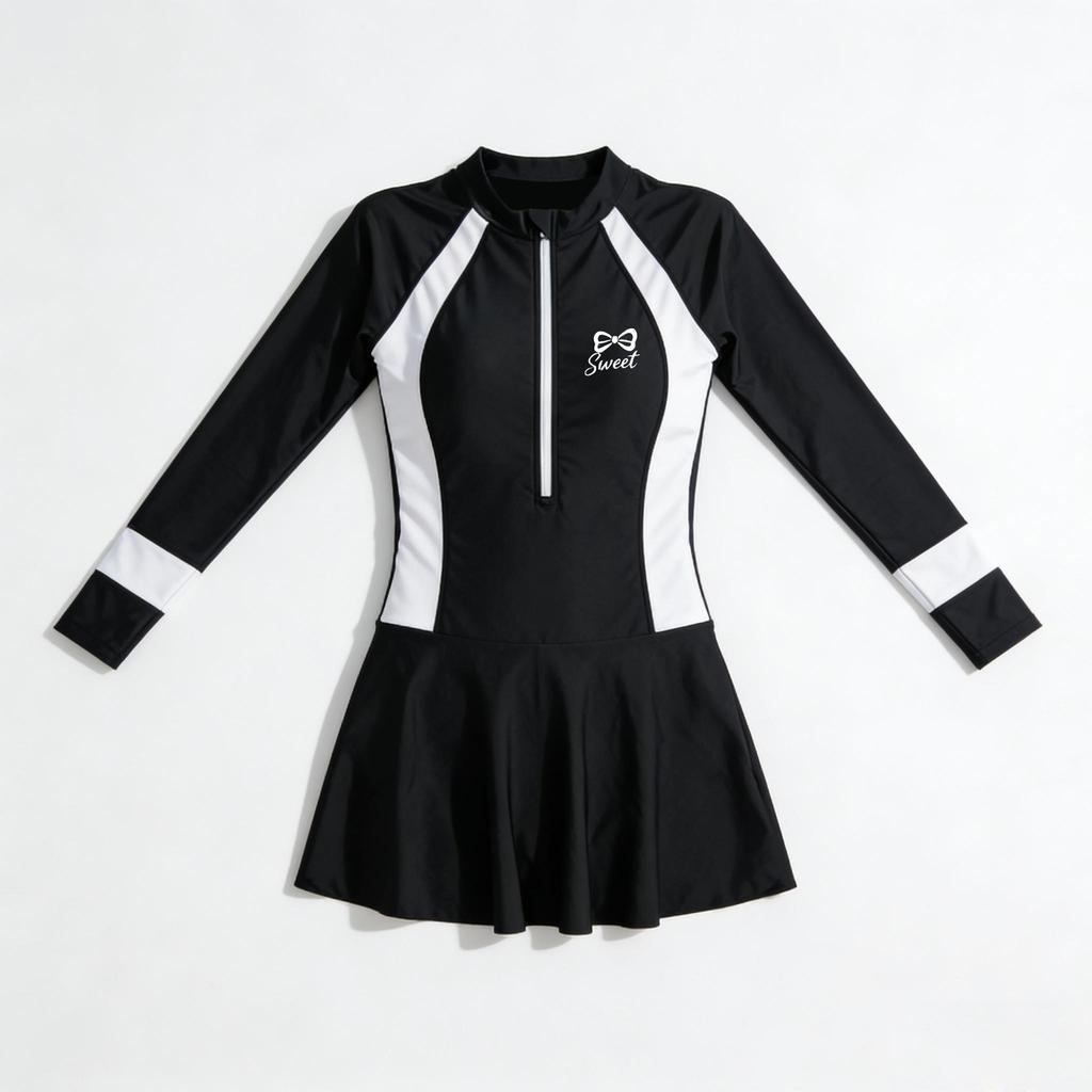 One-Piece Long/Short Sleeves Haalf-Zip Front Swimwear Dress Quick-Dry Skirted Bottom Sporty Swim Dress for Women