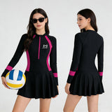 One-Piece Long/Short Sleeves Haalf-Zip Front Swimwear Dress Quick-Dry Skirted Bottom Sporty Swim Dress for Women