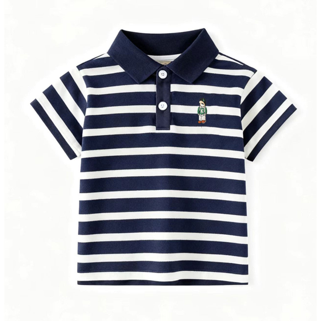 Classic Striped & Solid Color Polo Shirt Trendy Embroidered Design Formal Casual Outfit for Kids Boys