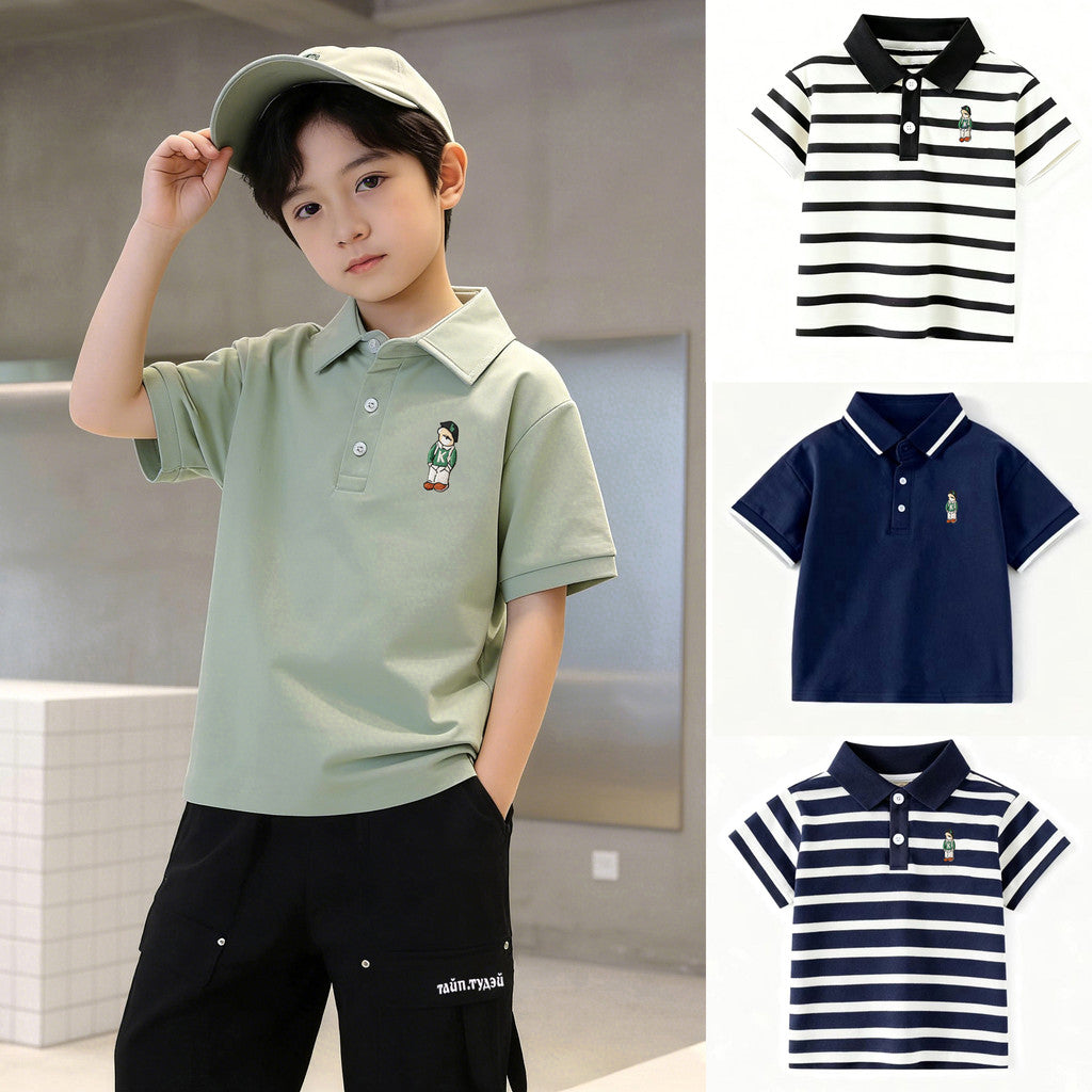 Classic Striped & Solid Color Polo Shirt Trendy Embroidered Design Formal Casual Outfit for Kids Boys