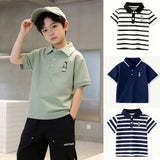 Classic Striped & Solid Color Polo Shirt Trendy Embroidered Design Formal Casual Outfit for Kids Boys