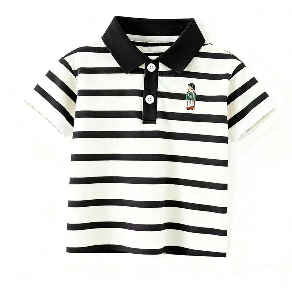 Classic Striped & Solid Color Polo Shirt Trendy Embroidered Design Formal Casual Outfit for Kids Boys