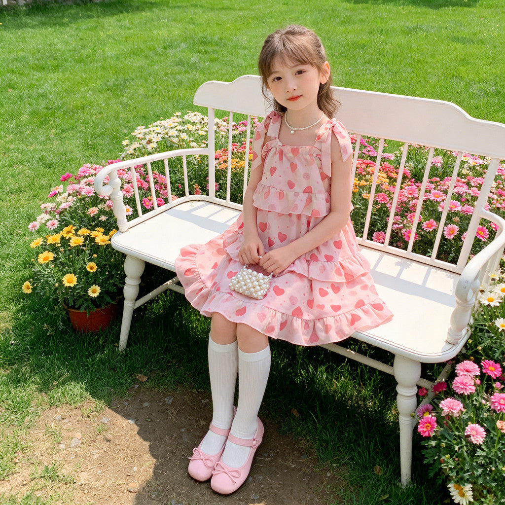 Cute Polka, Heart & Floral Printed Design Trendy Self-Tie 3 Layer Ruffle Summer Casual Dress for 3 to 12 Years Old