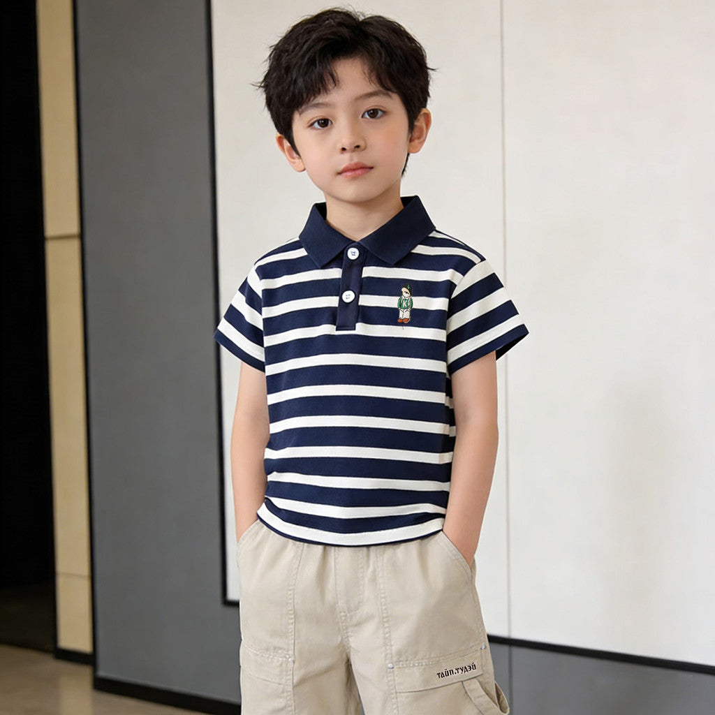 Classic Striped & Solid Color Polo Shirt Trendy Embroidered Design Formal Casual Outfit for Kids Boys